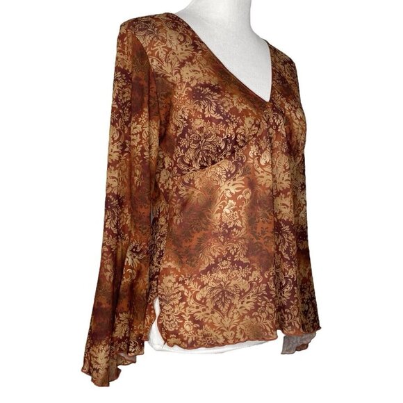 Route 66 Blouse Size Large Bell Sleeves V-Neck Side Slit Semi Sheer Lightweight - Picture 3 of 9